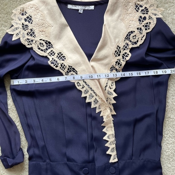 Vintage Nancy Johnson Navy Blue Midi Dress with Buttons and Lace Collar/Lapel - Picture 12 of 13